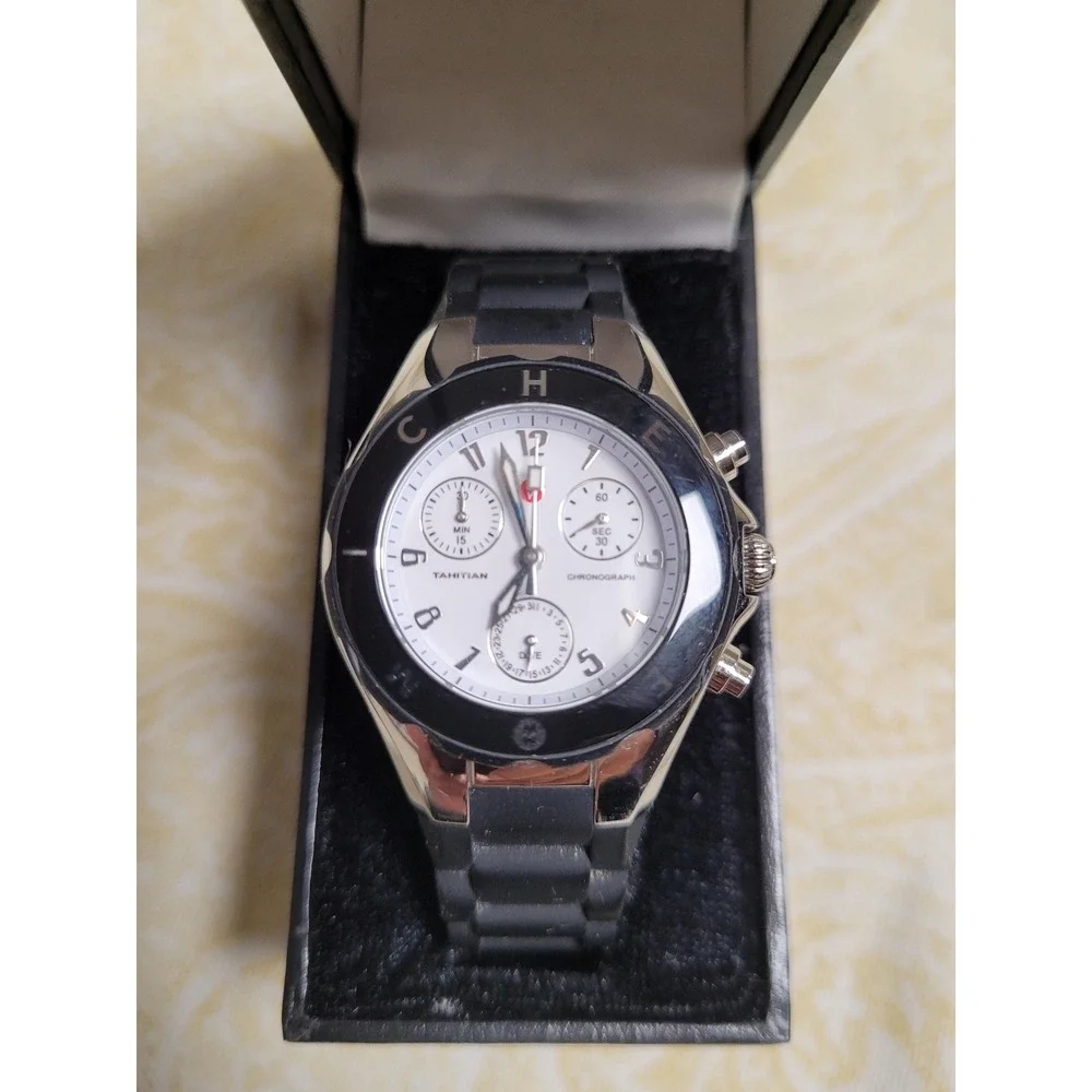 Michele Tahitian Womens Quartz Watch White Dial Sporty Black Silicone MW12D00
